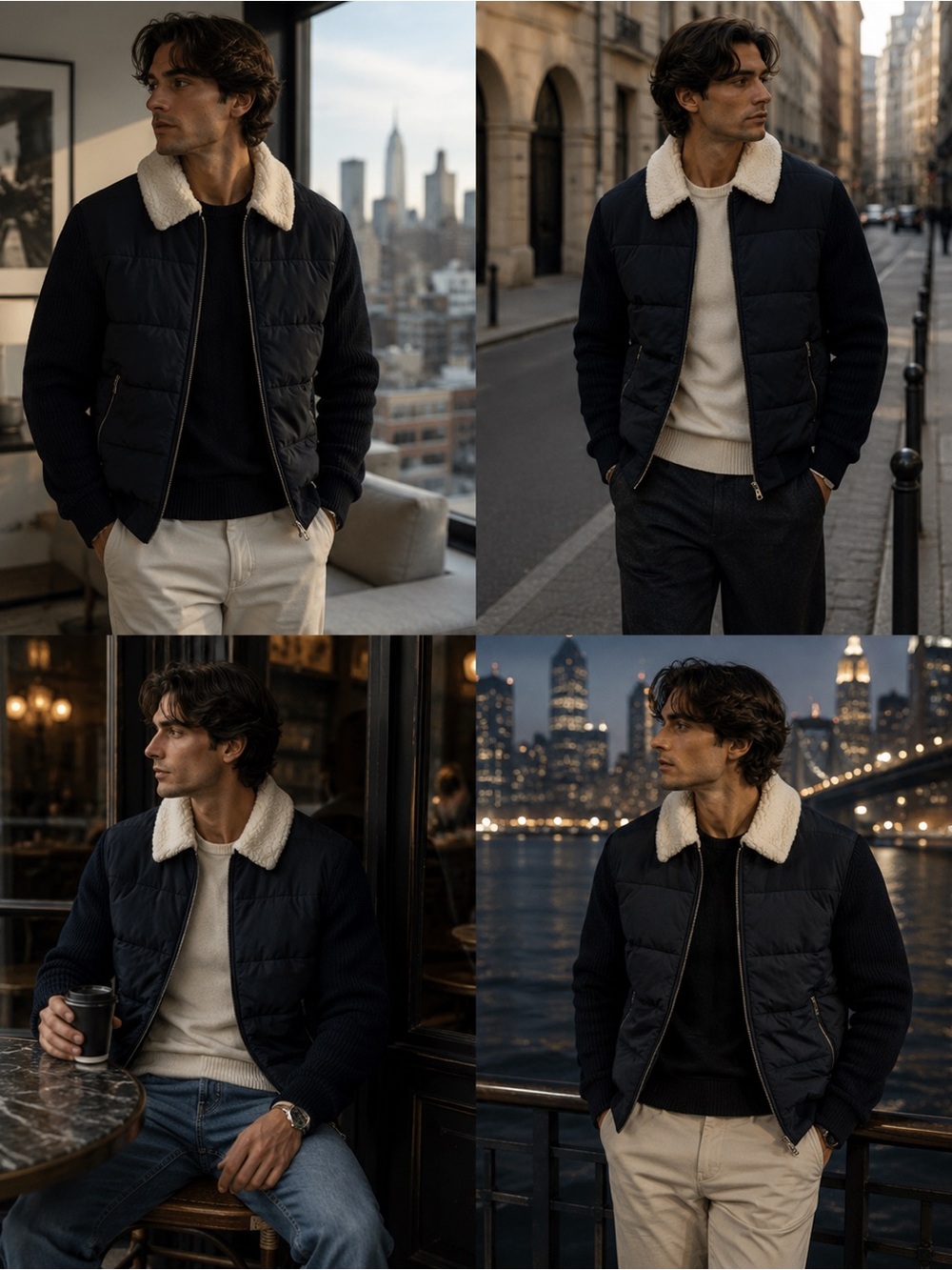 Reiss Puffer / Knit Black Jacket with Fuzzy White Collar